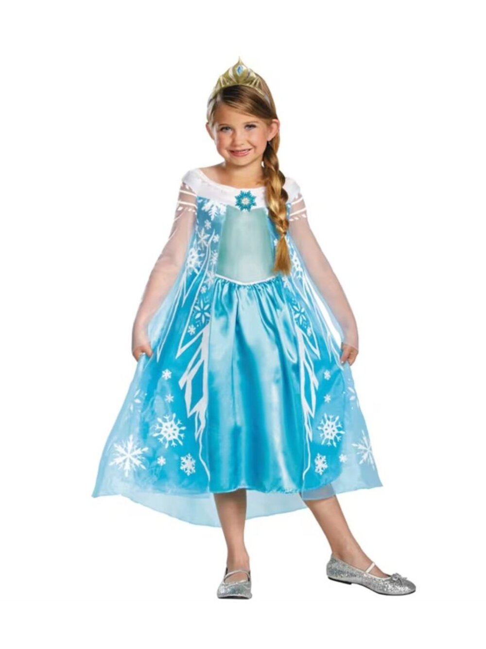 Disney Frozen Elsa Deluxe Child Costume With Tiara Sheer Sleeves & Sparkling Sno